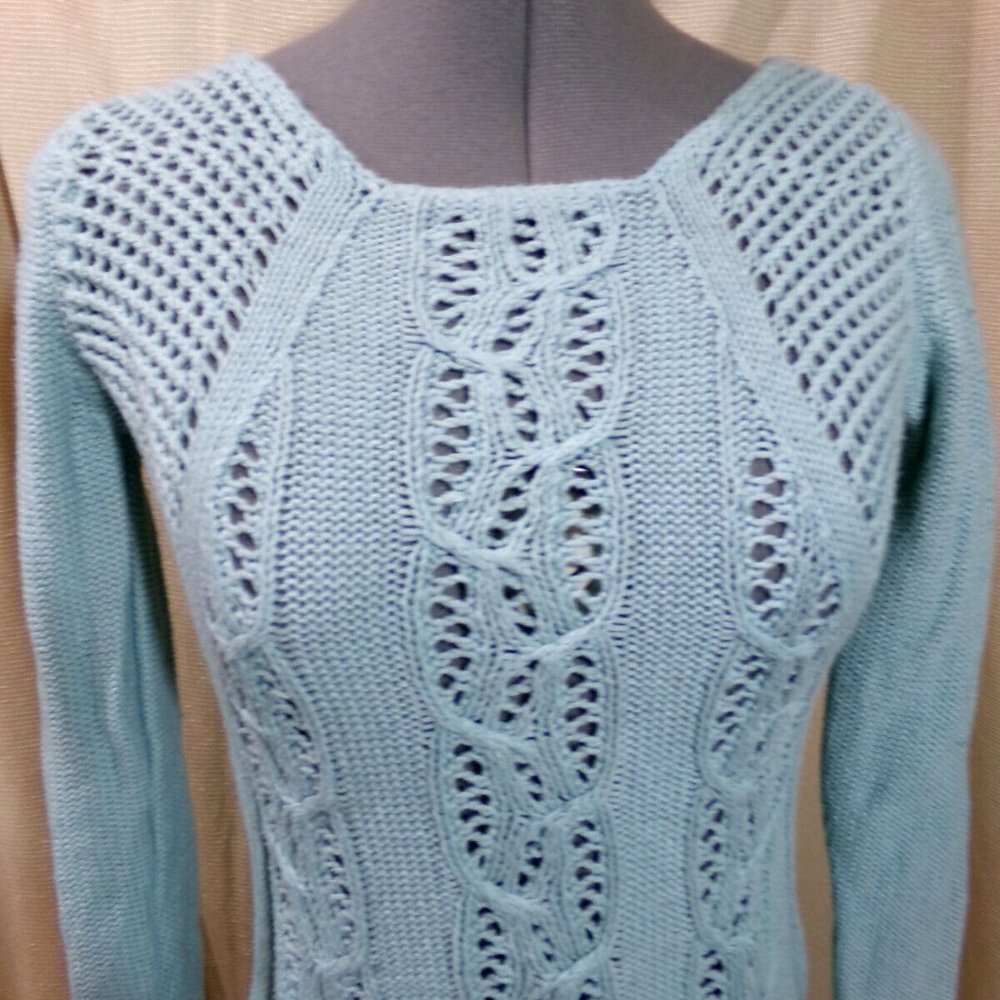 BETWEEN ME & YOU Crochet Sweater Top XS Blue Anthropologie Scoop neck Boho Summe